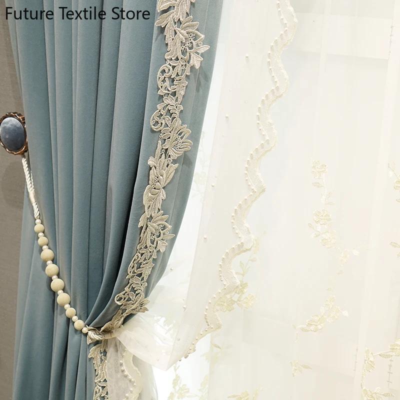 Curtains for Living Room Dining Bedroom Luxury French Living Room Bedroom Blackout Curtain Velvet Blue Embroidery Re